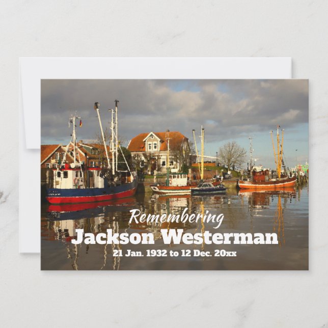 Fishing Boats in Harbor Memorial Invitation (Front)