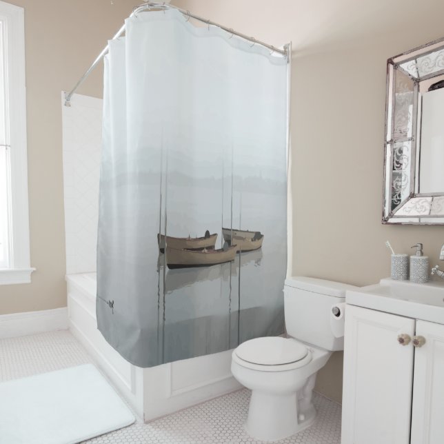 Fishing Boats in Soft Gray, Grey water & sky Shower Curtain (In Situ)