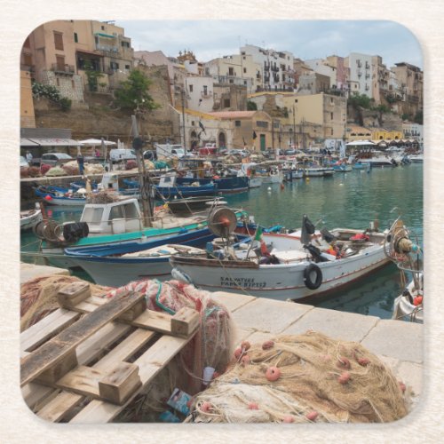 Fishing boats in the Castellammare del Golfo port Square Paper Coaster