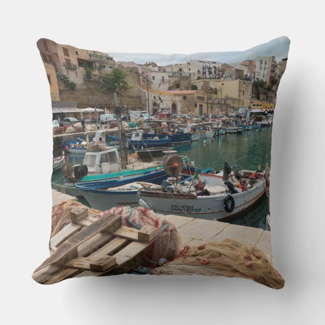 Fishing boats in the Castellammare del Golfo port Throw Pillow (Front)