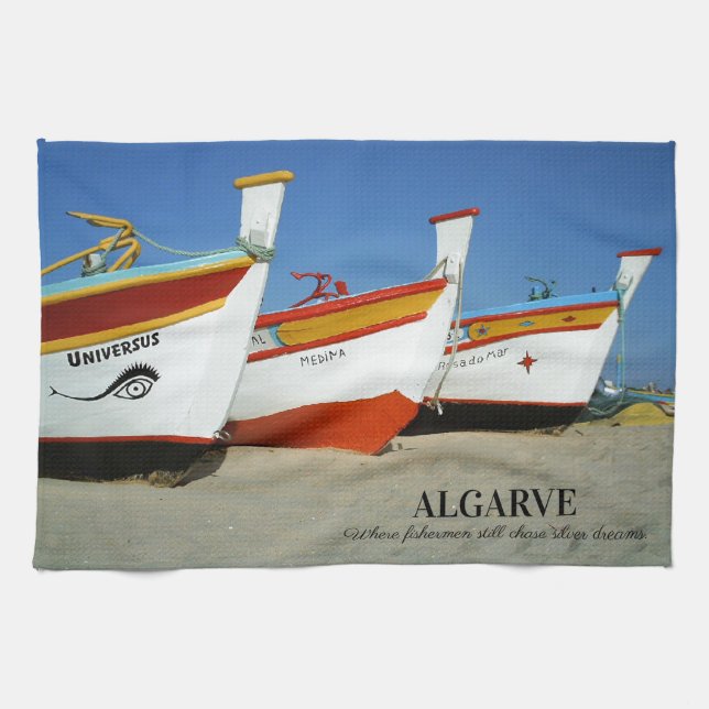 Fishing Boats on Algarve's Beach Photo Kitchen Towel (Horizontal)