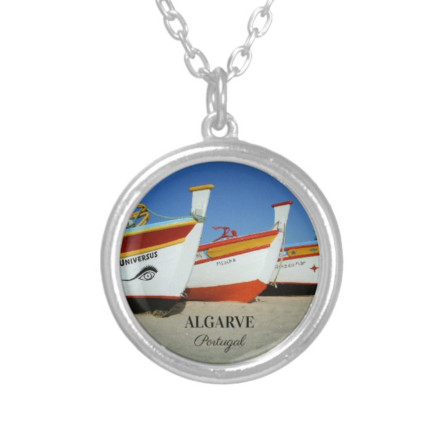 Fishing Boats on Algarve's Beach Photo Silver Plated Necklace (Front)