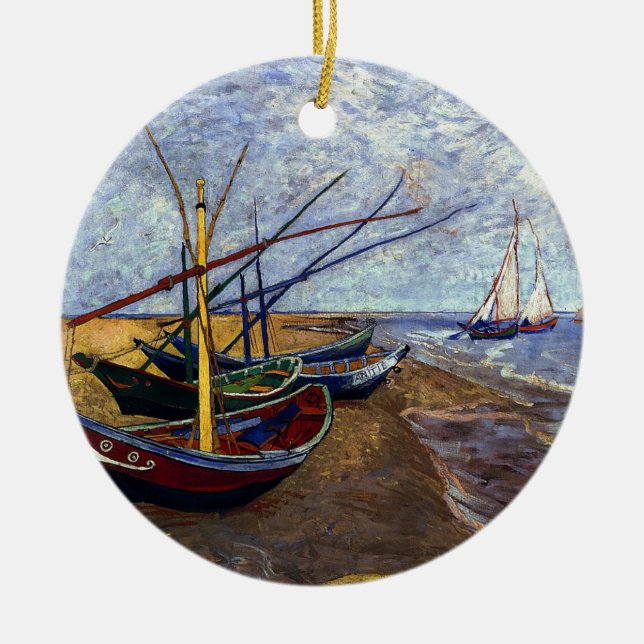 Fishing Boats on Beach Ceramic Ornament (Front)