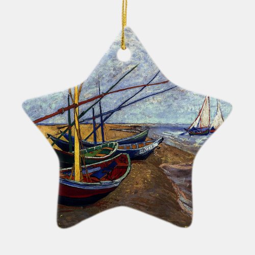 Fishing Boats on Beach Ceramic Ornament