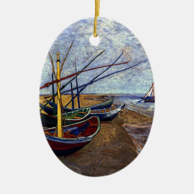 Fishing Boats on Beach Ceramic Ornament (Front)