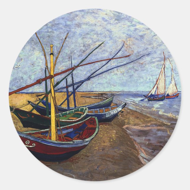 Fishing Boats on Beach Classic Round Sticker (Front)