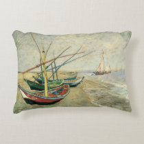 Fishing Boats on the Beach by Vincent van Gogh Accent Pillow