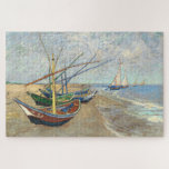 Fishing Boats on the Beach by Vincent Van Gogh  Jigsaw Puzzle<br><div class="desc">Fishing Boats on the Beach at Les Saintes-Maries-de-la-Mer. Can you see why these fishermen's boats appear slightly unreal? Compared to the irregular surface of the sandy beach, they've been painted in an overly two-dimensional way. The boats are made up of areas of uniform color within strong outlines. Furthermore, the boats...</div>