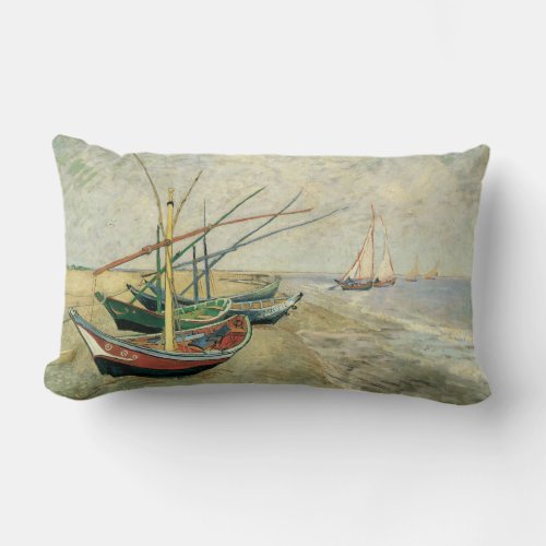 Fishing Boats on the Beach by Vincent van Gogh Lumbar Pillow