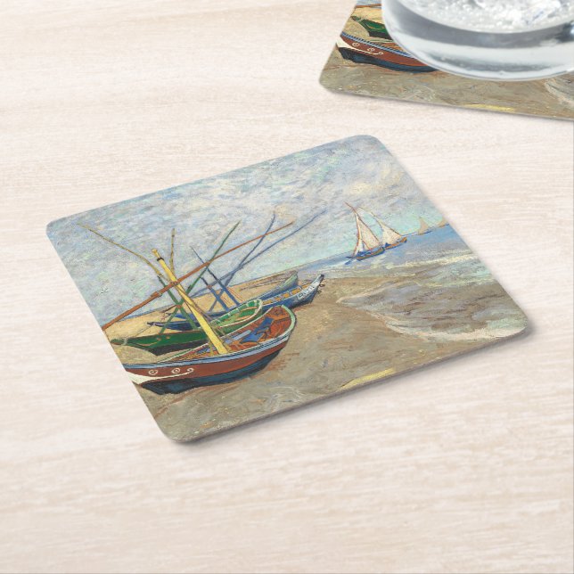 Fishing Boats on the Beach by Vincent Van Gogh  Square Paper Coaster (Angled)