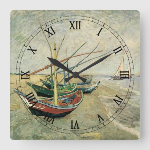 Fishing Boats on the Beach by Vincent van Gogh Square Wall Clock