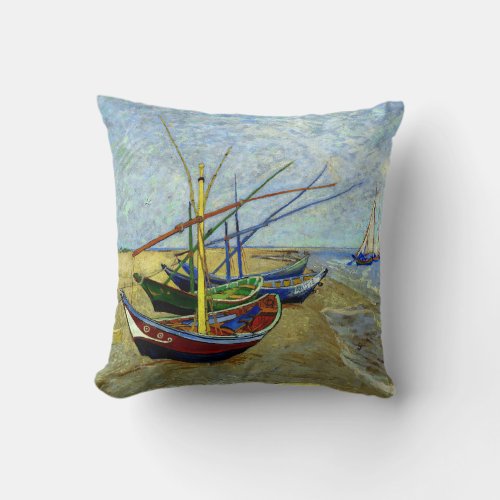 Fishing Boats on the Beach by Vincent Van Gogh Throw Pillow