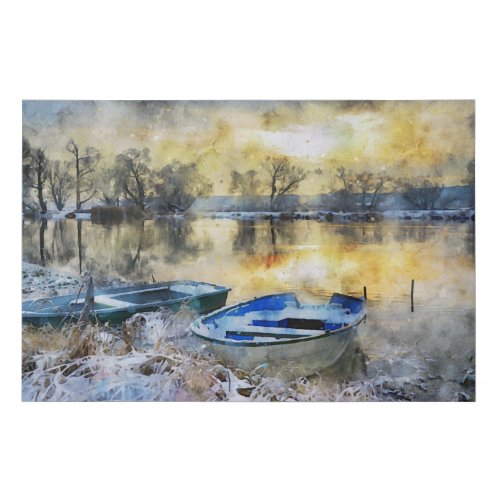 Fishing boats on the river at sunset watercolor faux canvas print