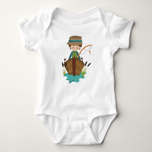 Fishing Boy Fisherman Fishing Rod Brown Hair Baby Bodysuit