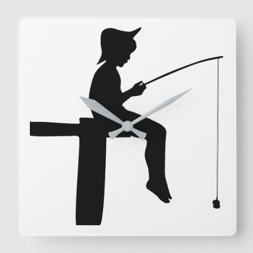 Fishing Boy Silhouette Square Wall Clock