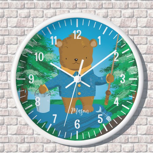 Fishing Brown Bear Kid Wall Clock with Name
