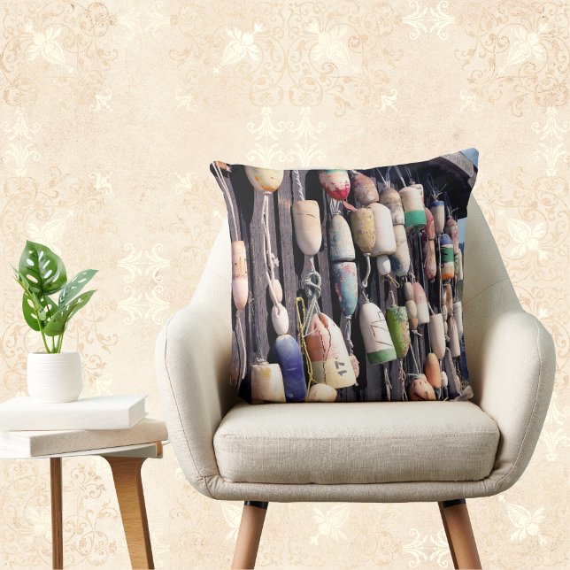 Fishing Buoys on Rustic Building Throw Pillow (Creator Uploaded)