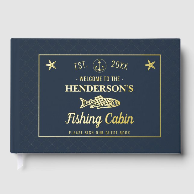 Fishing Cabin Anchors Fish Custom Welcome Gold Foil Guest Book (Front)
