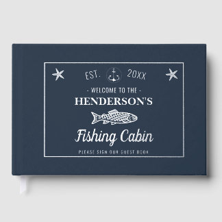 Fishing Cabin Anchors Fish Custom Welcome Silver Foil Guest Book
