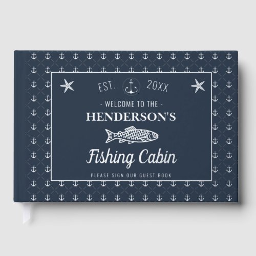 Fishing Cabin Anchors Fish Custom Welcome Silver Foil Guest Book