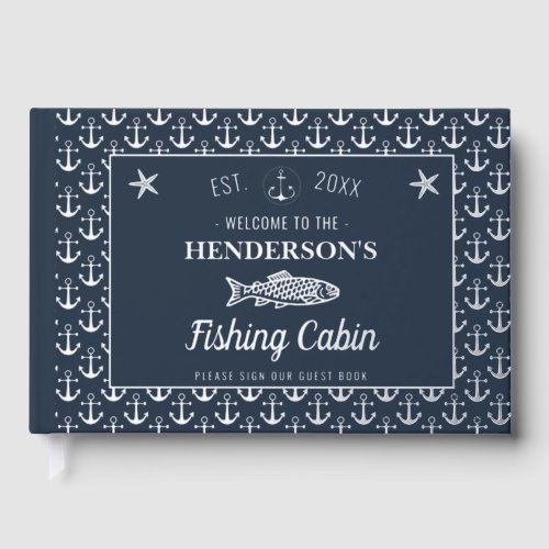 Fishing Cabin Custom Welcome Fish Anchors Silver Foil Guest Book