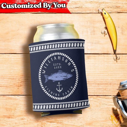 Fishing Cabin family name Navy blue Rustic Can Cooler