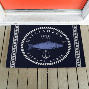 Fishing Cabin family name Navy blue Rustic Doormat