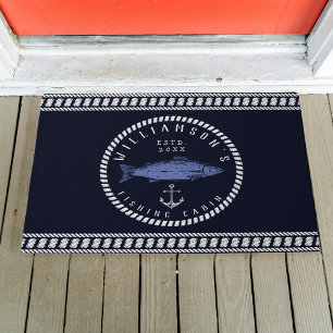 Fishing Cabin family name Navy blue Rustic Doormat