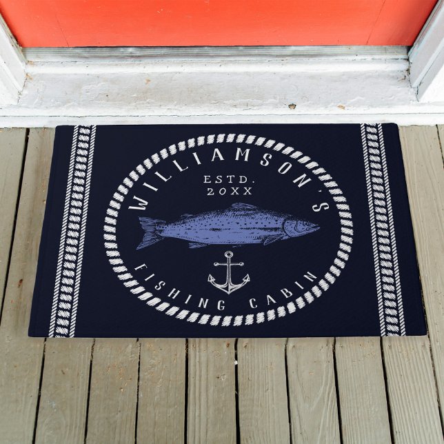 Fishing Cabin family name Navy blue Rustic Doormat (Creator Uploaded)