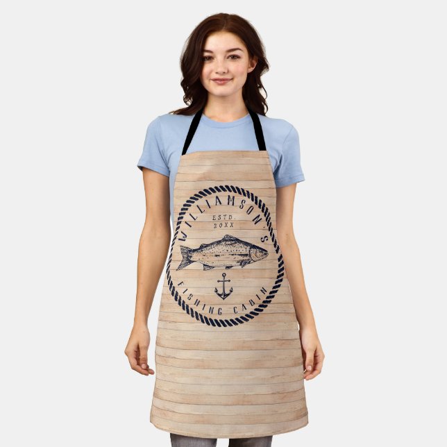Fishing Cabin family name Wood Navy blue Rustic Apron (Worn)