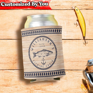 Fishing Cabin family name Wood Navy blue Rustic Can Cooler