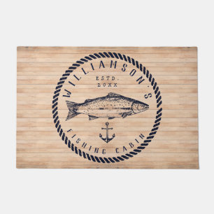 Fishing Cabin family name Wood Navy blue Rustic Doormat
