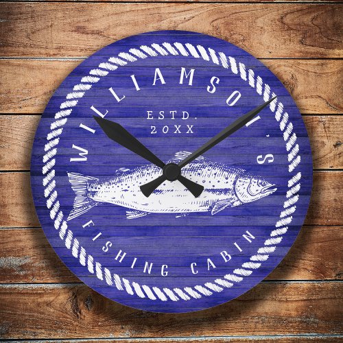 Fishing Cabin family name Wood Navy blue Rustic Round Clock