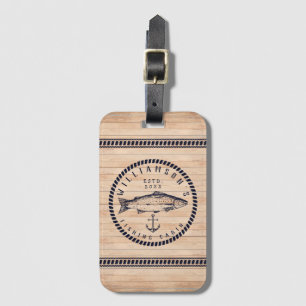 Fishing Cabin family name Wooden Navy blue Rustic Luggage Tag