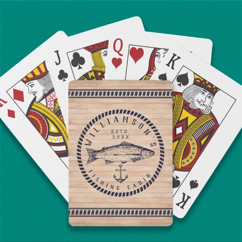 Fishing Cabin family name Wooden Navy blue Rustic Playing Cards