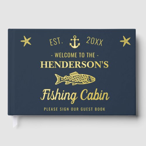 Fishing Cabin Personalized Welcome Gold Fish Foil Guest Book