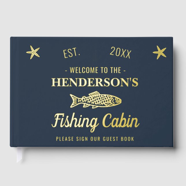 Fishing Cabin Personalized Welcome Gold Fish Foil Guest Book (Front)