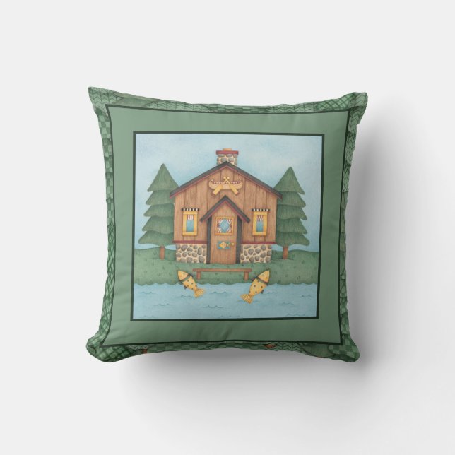 Fishing Cabin Throw Pillow (Front)