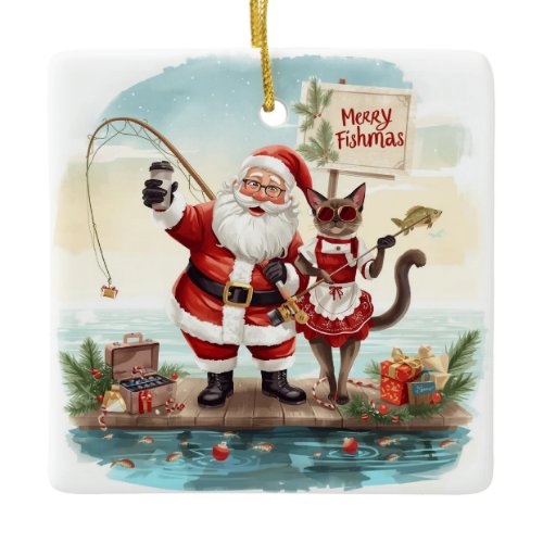 Fishing Christmas Themed  Ceramic Ornament