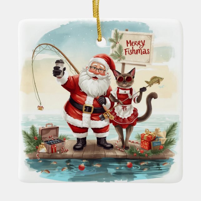 Fishing Christmas Themed  Ceramic Ornament (Front)