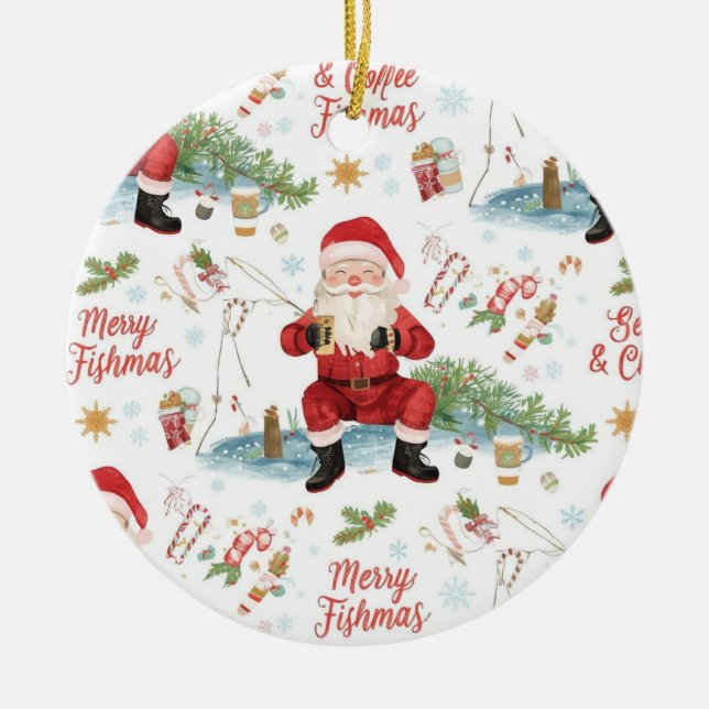 Fishing Christmas Themed  Ceramic Ornament (Front)