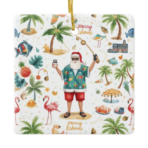 Fishing Christmas Themed  Ceramic Ornament