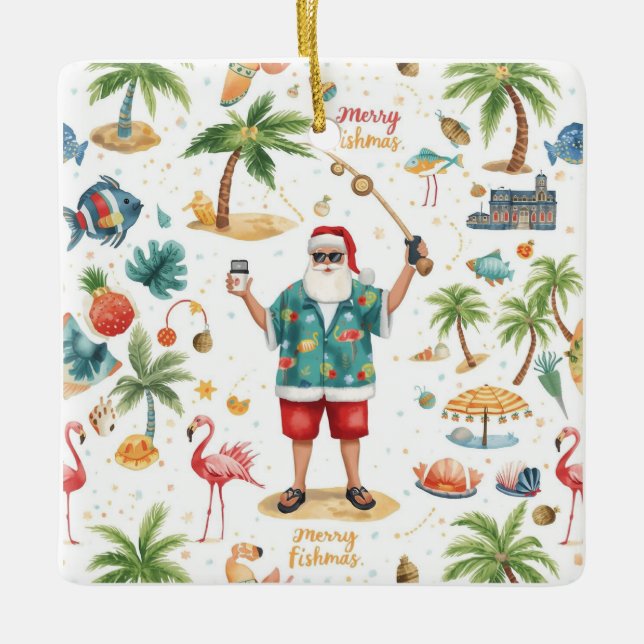 Fishing Christmas Themed  Ceramic Ornament (Front)