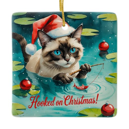 Fishing Christmas themed for Cat Lovers Ceramic Ornament
