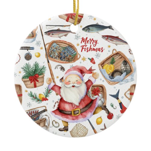 Fishing Christmas Themed with Santa Claus Ceramic Ornament