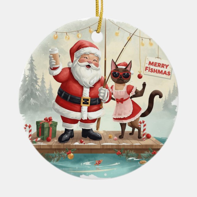 Fishing Christmas Themed with Santa Claus Ceramic Ornament (Front)