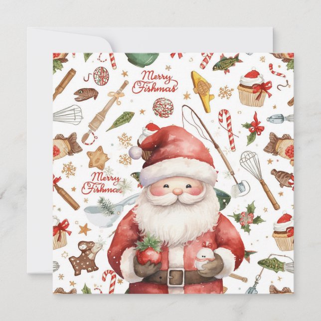Fishing Christmas Themed with Santa Claus Holiday Card (Front)