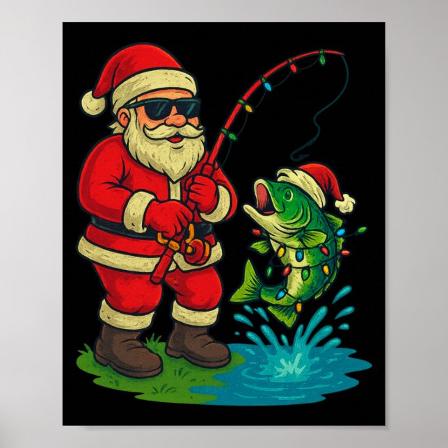 Fishing Christmas Vintage Merry Fishmas Funny Sant Poster (Front)