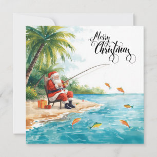 Fishing Christmas with Santa Claus Holiday Card