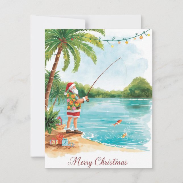 Fishing Christmas with Santa Claus Holiday Card (Front)